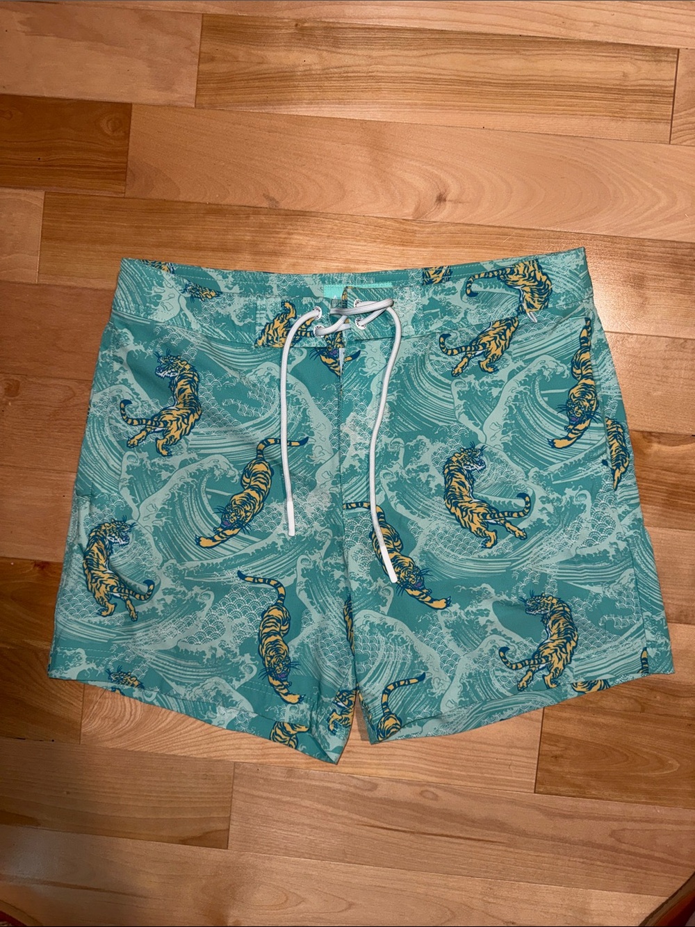 AE Men's Teal Tiger Print Swim Trunk S EUC